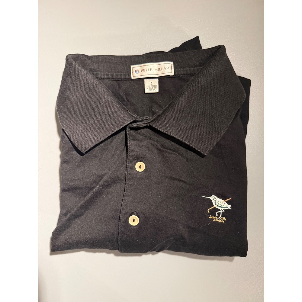 Peter Millar Mens Large Black Cotton Polo Shirt The Creek Club Locust Valley NY